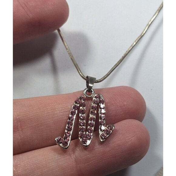 Pink Rhinestone M Monogram Silver Tone Pendant Necklace - Picture 5 of 8